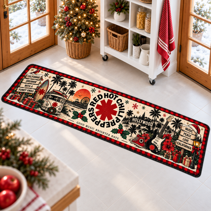 Red Hot Chili Peppers Christmas Runner Rug, California Holiday Kitchen Runner, RHCP Rock Music Christmas Decor