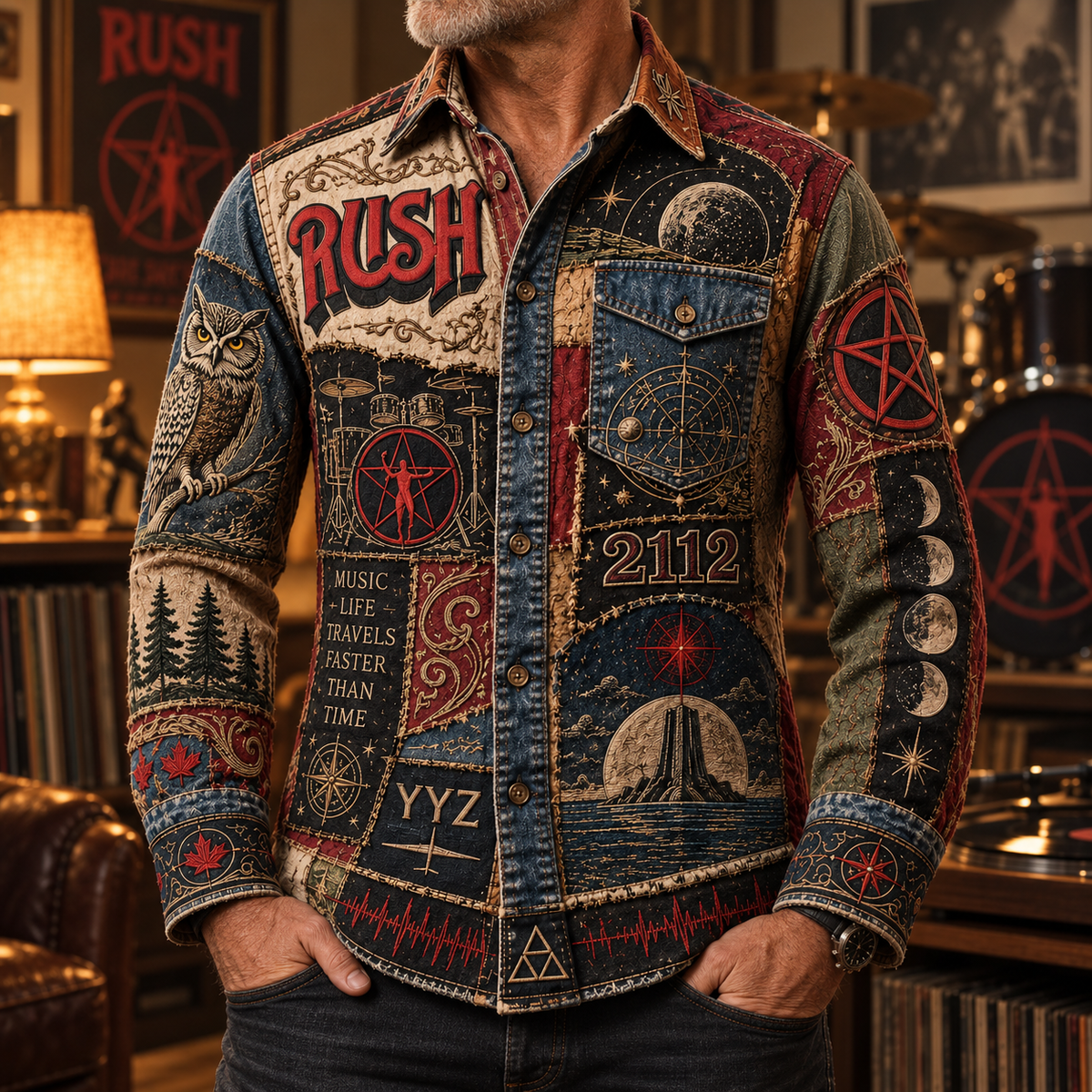 Rush Patchwork Long Sleeve Shirt – 2112 Starman, YYZ & Owl Vintage Rock Button Up, Progressive Rock Collage Fan Gift