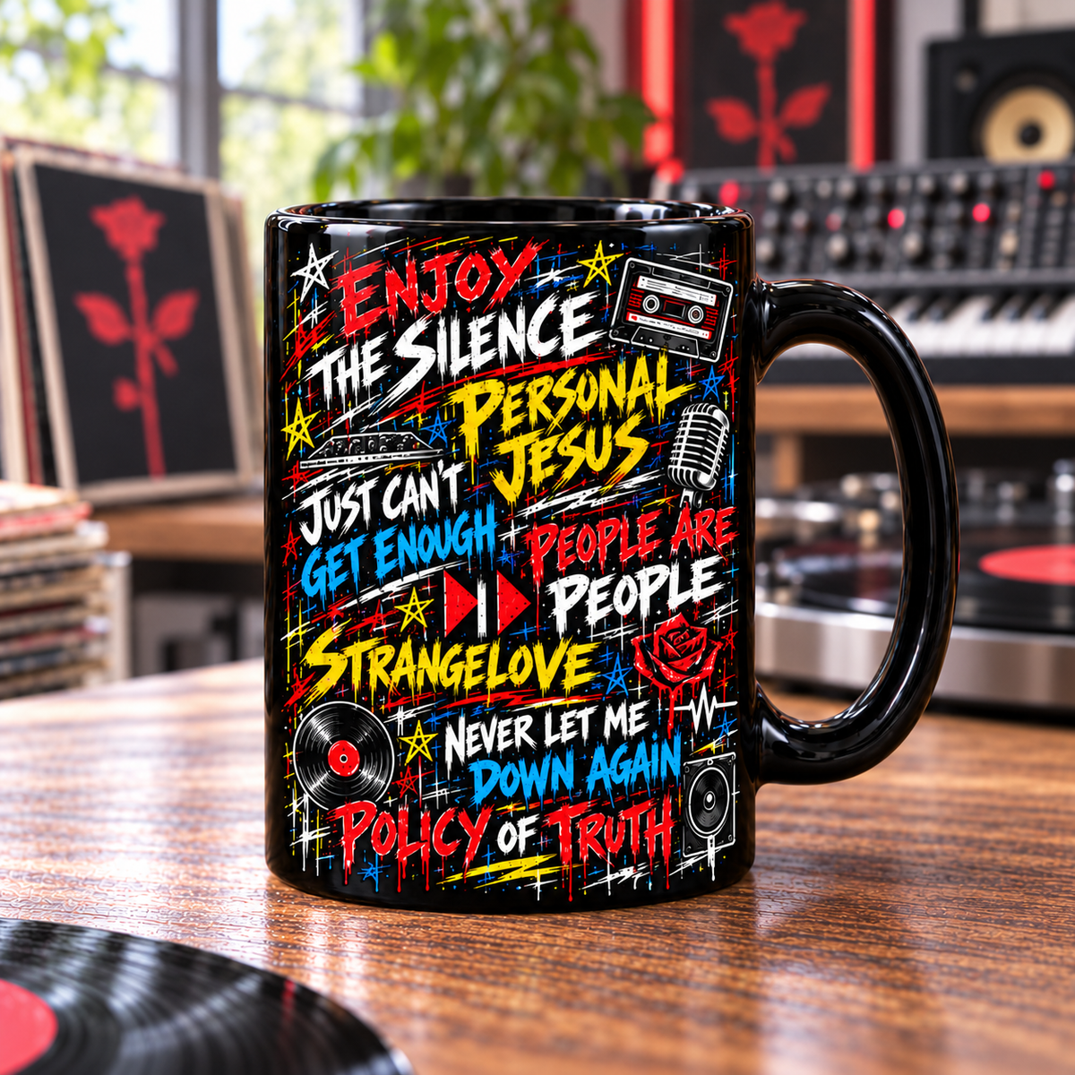 Depeche Mode Graffiti Mug, Violator Rose Street Art Coffee Cup, Synth Pop Alternative Music Gift