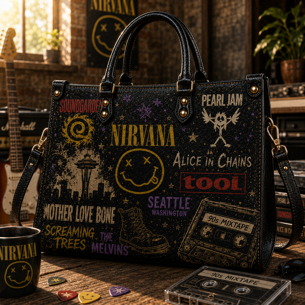 90s Grunge Rock Faux Leather Handbag – Vintage Seattle Sound Music Lover Tote Bag