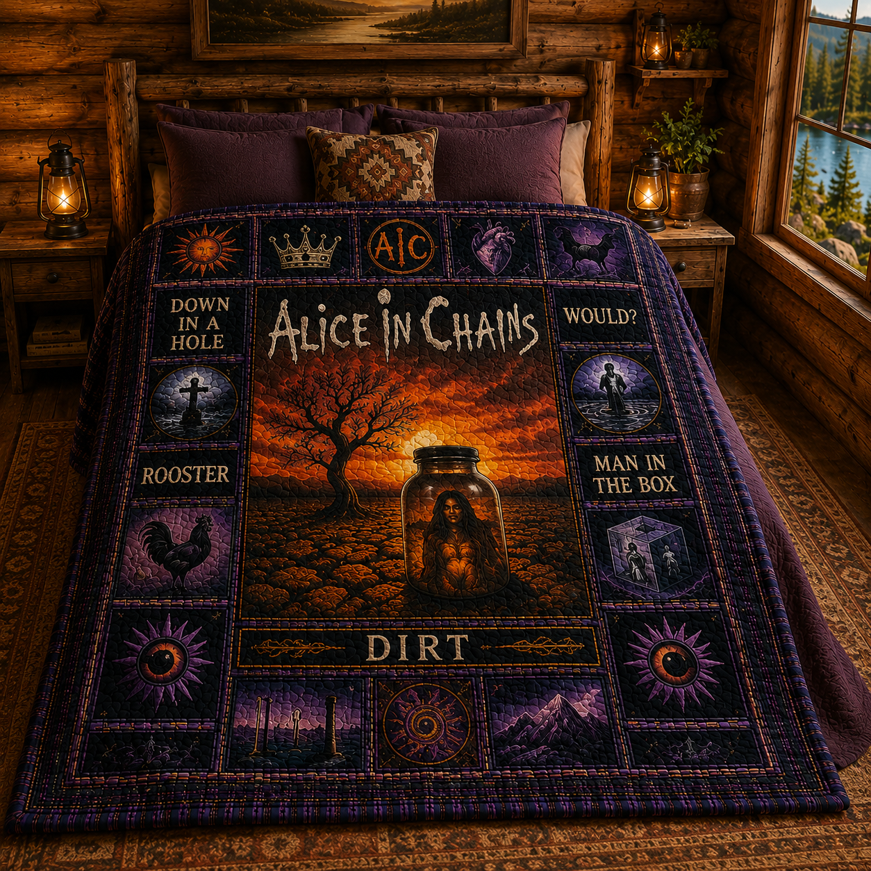 Alice In Chains Quilt Blanket - Gothic Rock Band Patchwork Bedding - Purple Cabin Style Fan Gift - Handmade Style Music Lover Quilt