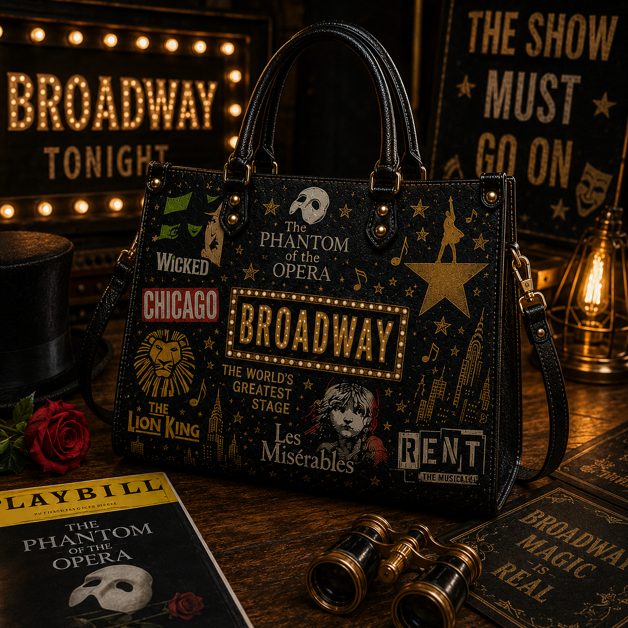 Vintage Broadway Musicals Faux Leather Handbag – Theatre Lover Shoulder Tote Bag
