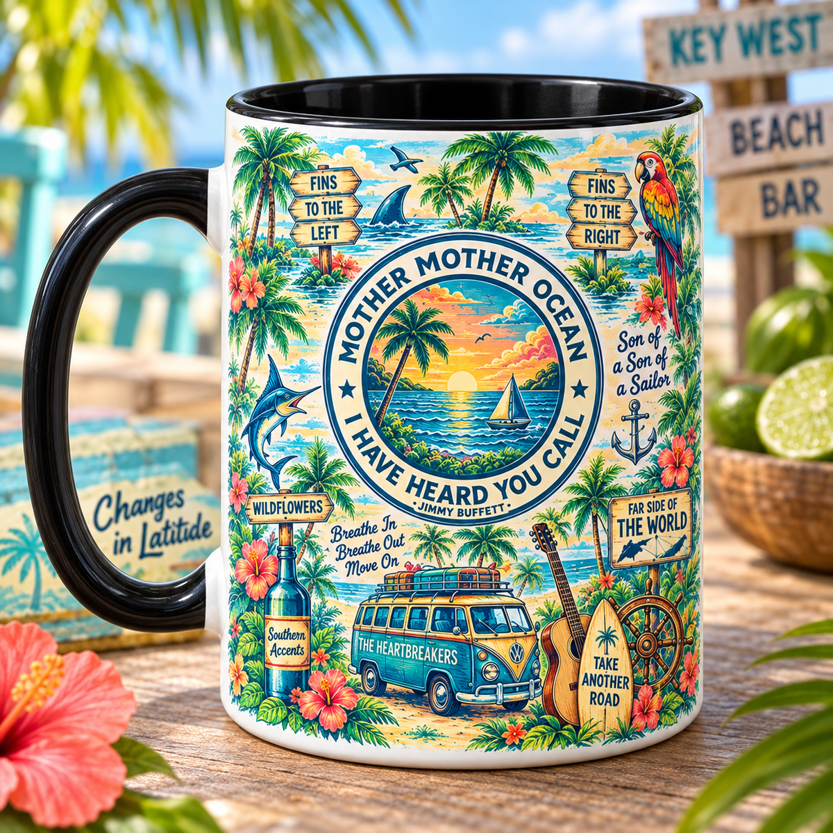 Jimmy Buffett Tropical Mug – Mother Mother Ocean, Fins to the Left & Key West Beach Coffee Cup, Parrothead Coastal Music Gift