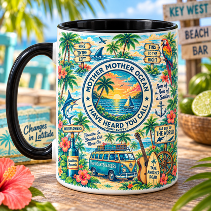 Jimmy Buffett Tropical Mug – Mother Mother Ocean, Fins to the Left & Key West Beach Coffee Cup, Parrothead Coastal Music Gift