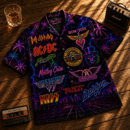 80s Rock Band Collage Neon Hawaiian Shirt - Unisex AC DC Glow Button Up