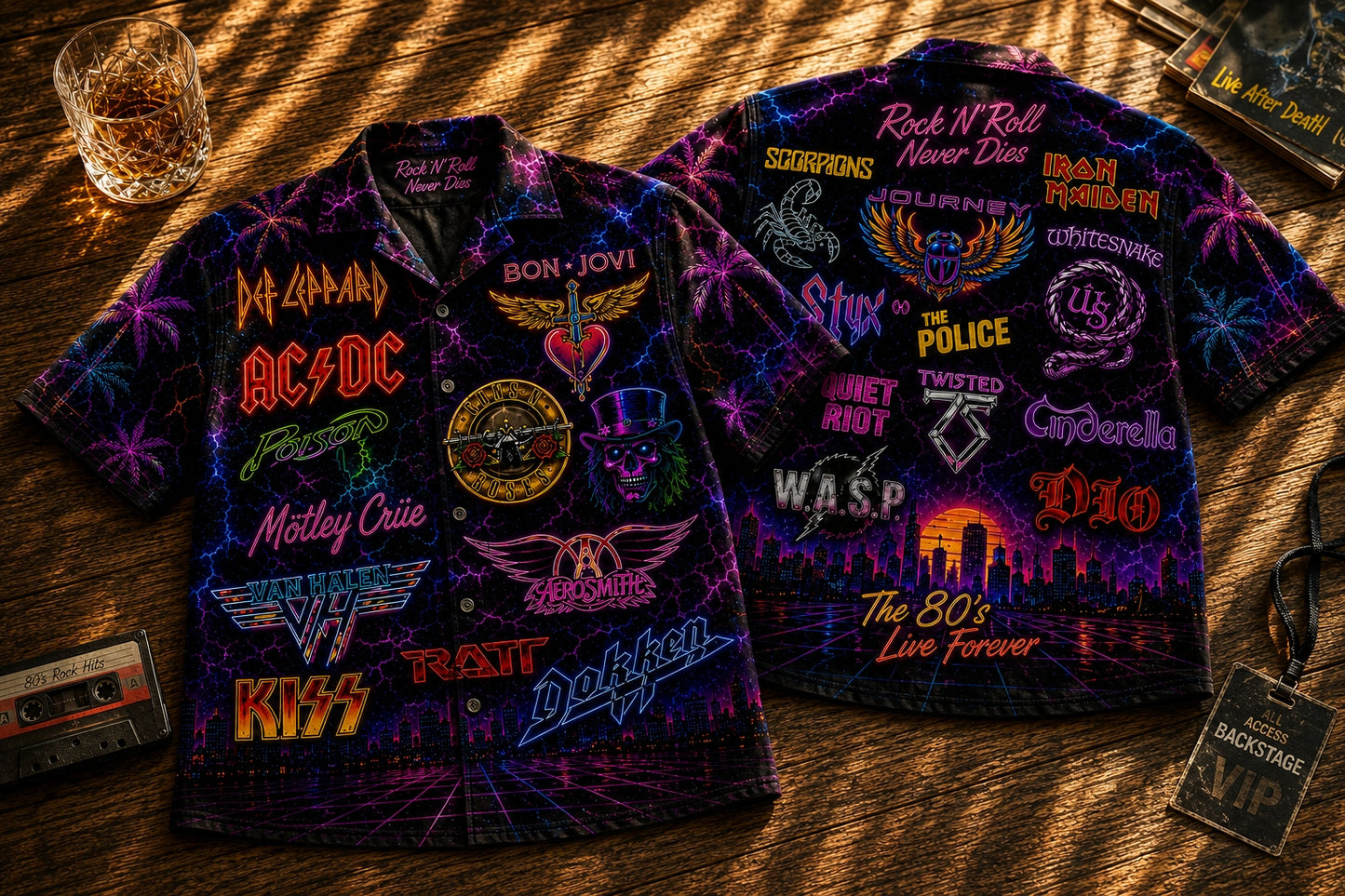 80s Rock Band Collage Neon Hawaiian Shirt - Unisex AC DC Glow Button Up