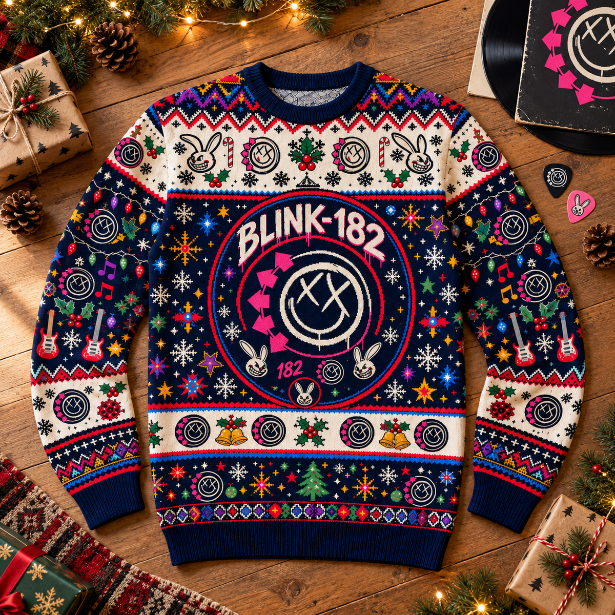 Blink-182 Christmas Wool Sweater, Smiley Logo Ugly Xmas Knit Pullover, Pop Punk Holiday Crewneck Gift
