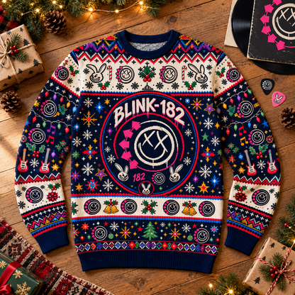 Blink-182 Christmas Wool Sweater, Smiley Logo Ugly Xmas Knit Pullover, Pop Punk Holiday Crewneck Gift
