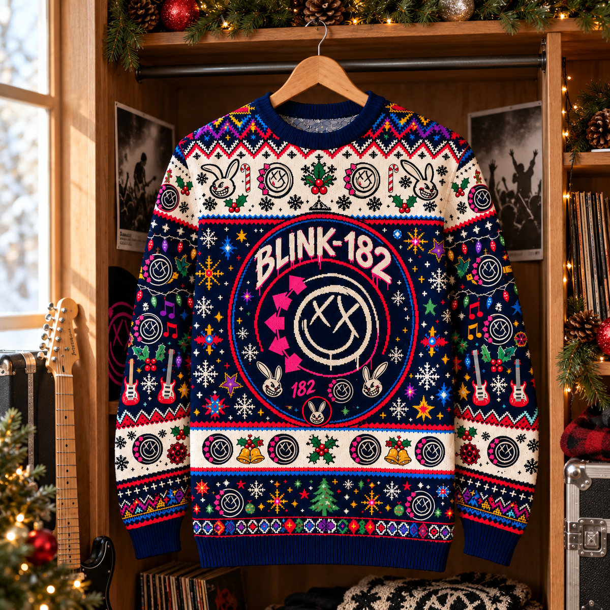 Blink-182 Christmas Wool Sweater, Smiley Logo Ugly Xmas Knit Pullover, Pop Punk Holiday Crewneck Gift