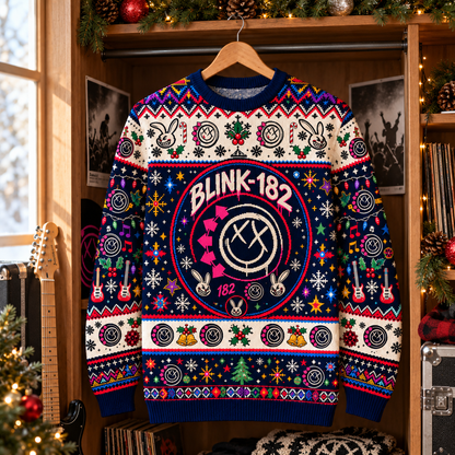 Blink-182 Christmas Wool Sweater, Smiley Logo Ugly Xmas Knit Pullover, Pop Punk Holiday Crewneck Gift