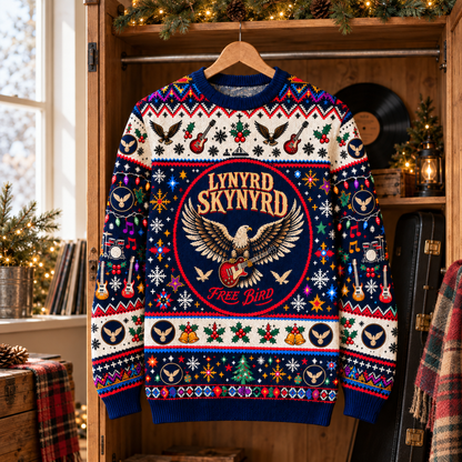 Lynyrd Skynyrd Wool Christmas Sweater, Free Bird Holiday Knit Jumper, Southern Rock Ugly Christmas Sweater, Classic Rock Fan Gift