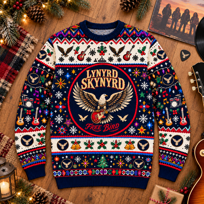 Lynyrd Skynyrd Wool Christmas Sweater, Free Bird Holiday Knit Jumper, Southern Rock Ugly Christmas Sweater, Classic Rock Fan Gift