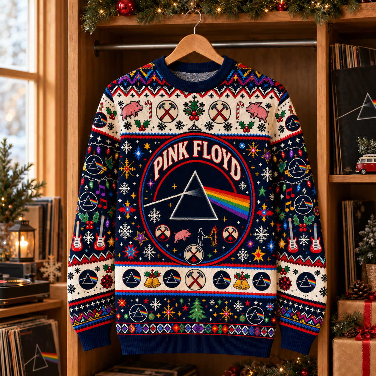 Pink Floyd Wool Christmas Sweater, Dark Side Prism Holiday Knit Jumper, The Wall & Animals Ugly Christmas Sweater, Classic Rock Fan Gift