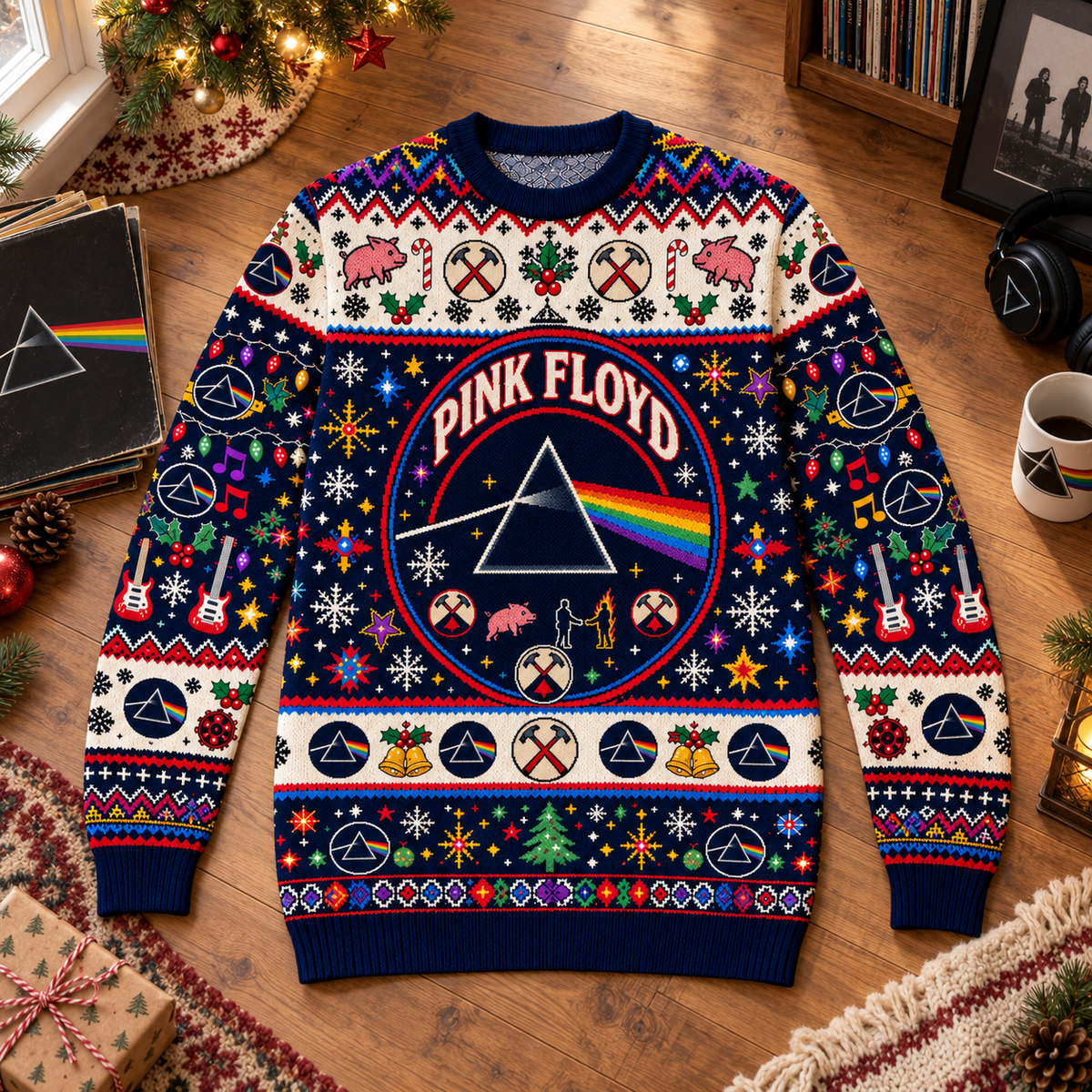Pink Floyd Wool Christmas Sweater, Dark Side Prism Holiday Knit Jumper, The Wall & Animals Ugly Christmas Sweater, Classic Rock Fan Gift