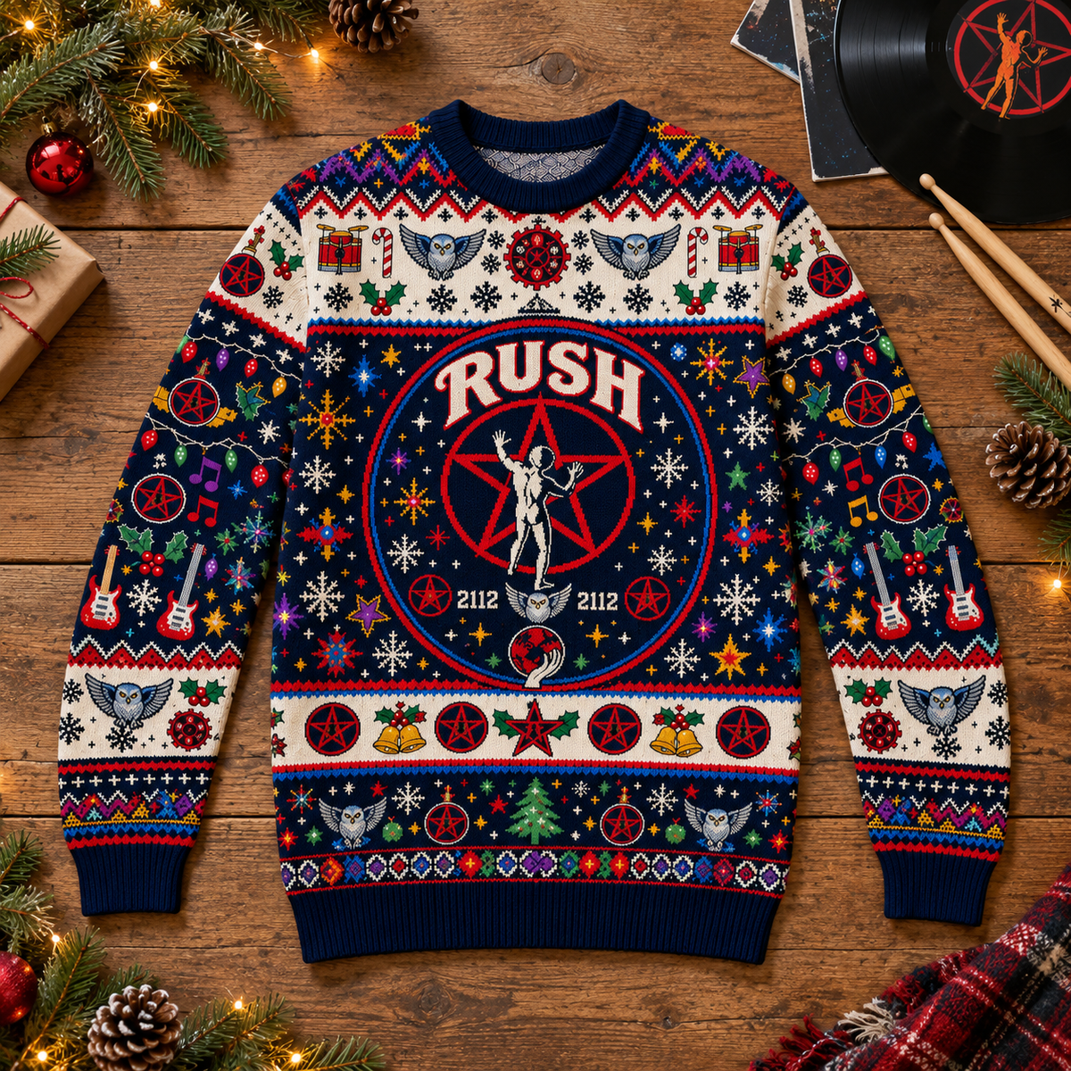Rush Wool Christmas Sweater, 2112 Starman Holiday Knit Jumper, Progressive Rock Ugly Christmas Sweater, Retro Band Fan Gift