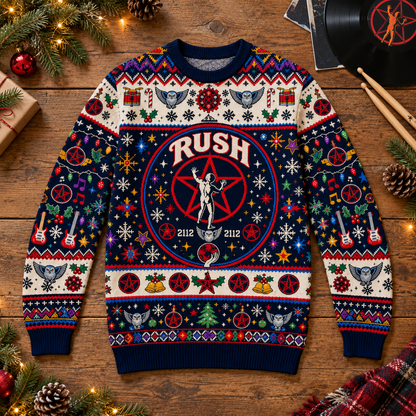 Rush Wool Christmas Sweater, 2112 Starman Holiday Knit Jumper, Progressive Rock Ugly Christmas Sweater, Retro Band Fan Gift