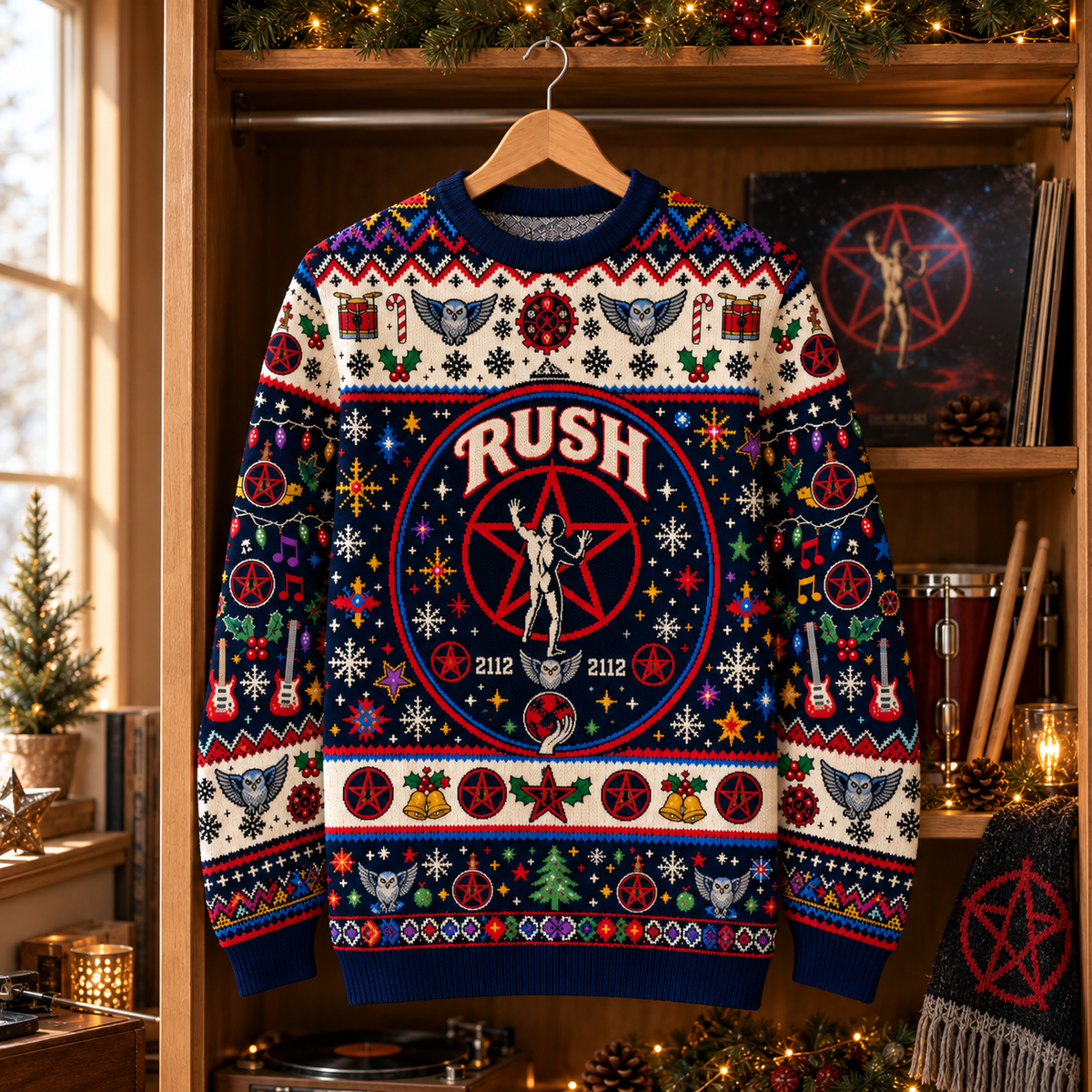 Rush Wool Christmas Sweater, 2112 Starman Holiday Knit Jumper, Progressive Rock Ugly Christmas Sweater, Retro Band Fan Gift