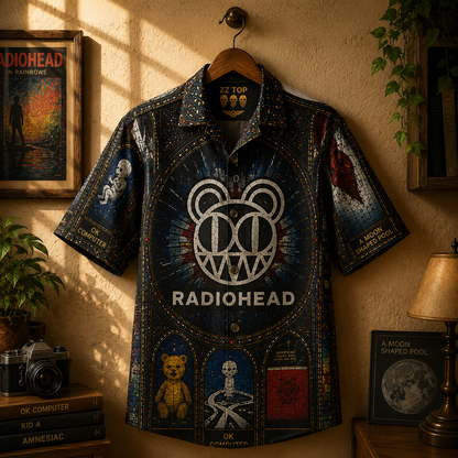 Radiohead Hawaiian Shirt – Unisex Retro Kid A Modified Bear Cathedral Window Button Up