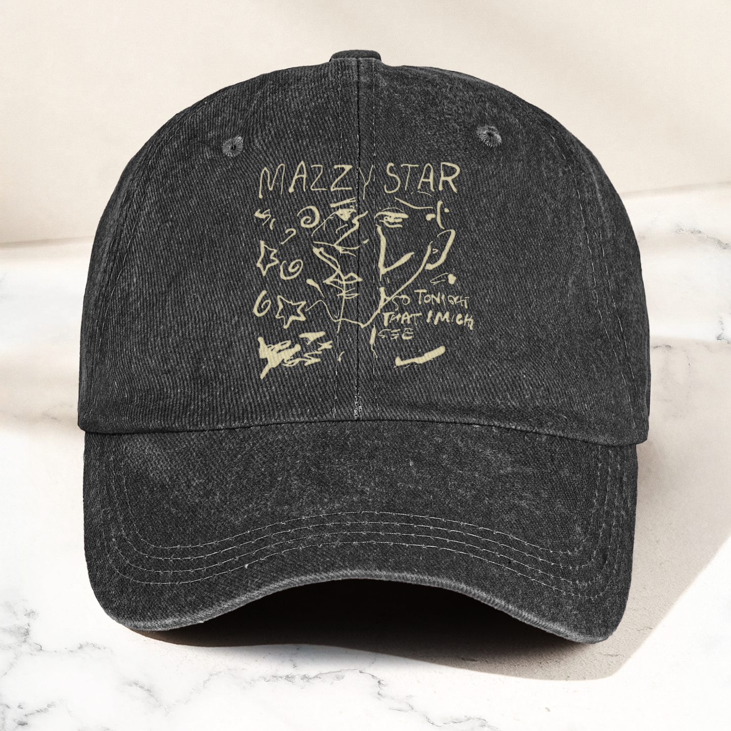 Mazzy Star Vintage Sketch Cap – Washed Black Denim Dad Hat, Dream Pop Band Aesthetic Hat Gift (With Box)