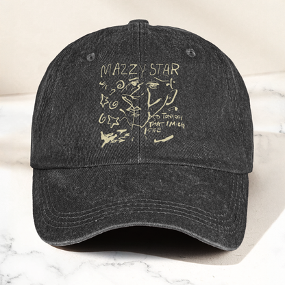 Mazzy Star Vintage Sketch Cap – Washed Black Denim Dad Hat, Dream Pop Band Aesthetic Hat Gift (With Box)
