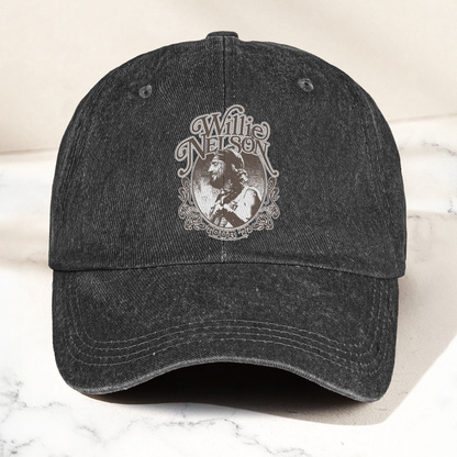 Willie Nelson Portrait Denim Cap – Retro Music Willie Nelson Cap Gift For Dad (With Box)