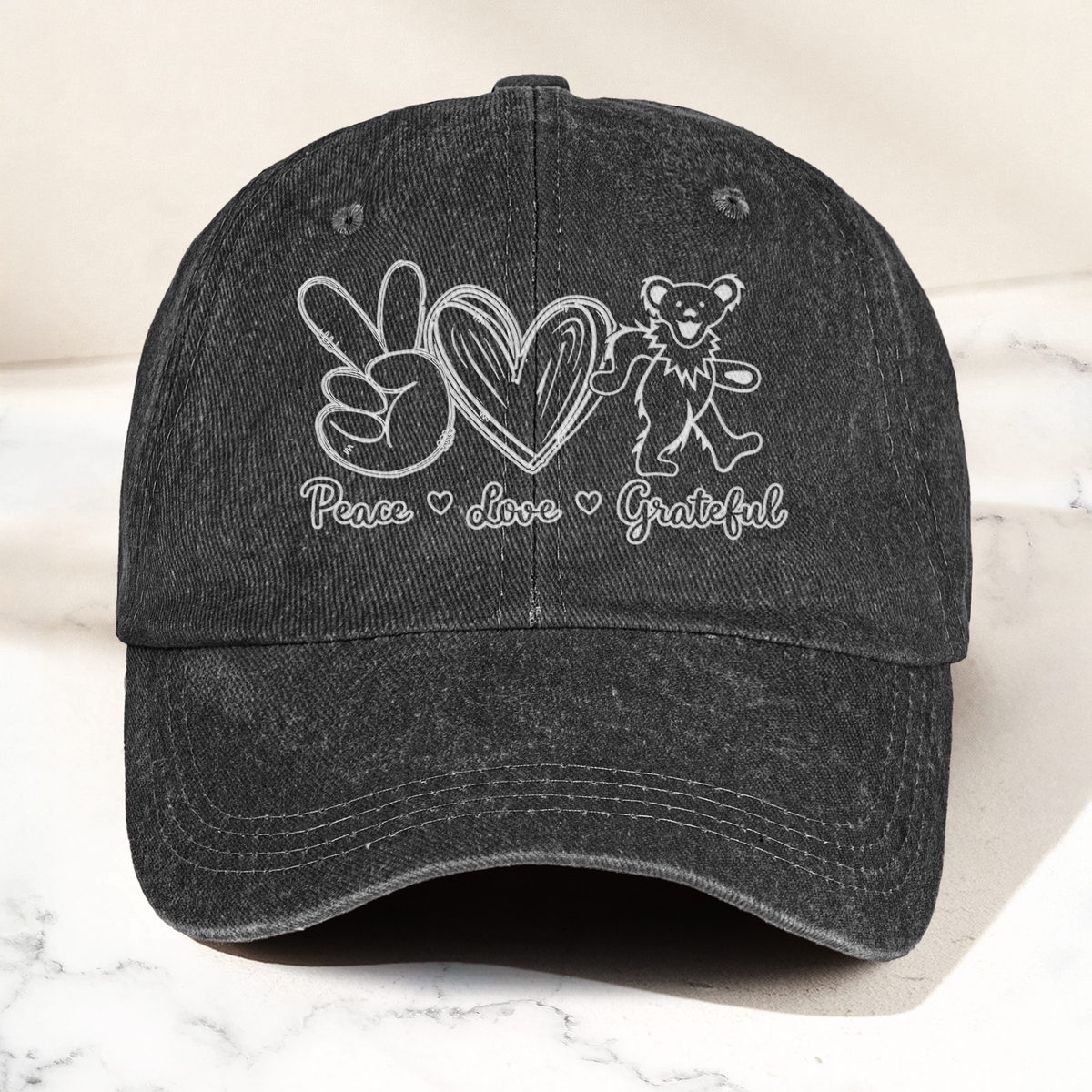 Peace Love Grateful Dancing Bear Vintage Denim Cap – Retro Grateful Dead Band Cap Gift For Dad (With Box)