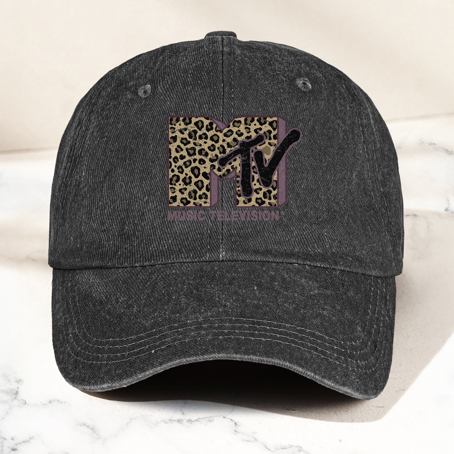 MTV Leopard Logo Cap – Vintage Washed Hat, Retro Music Television Minimalist Streetwear Hat (With Box)