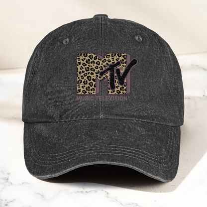 MTV Leopard Logo Cap – Vintage Washed Hat, Retro Music Television Minimalist Streetwear Hat (With Box)