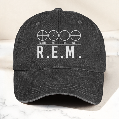R.E.M Elements Logo Cap – Vintage Washed Black Denim Dad Hat, Earth Air Fire Water Minimalist Band Hat (With Box)