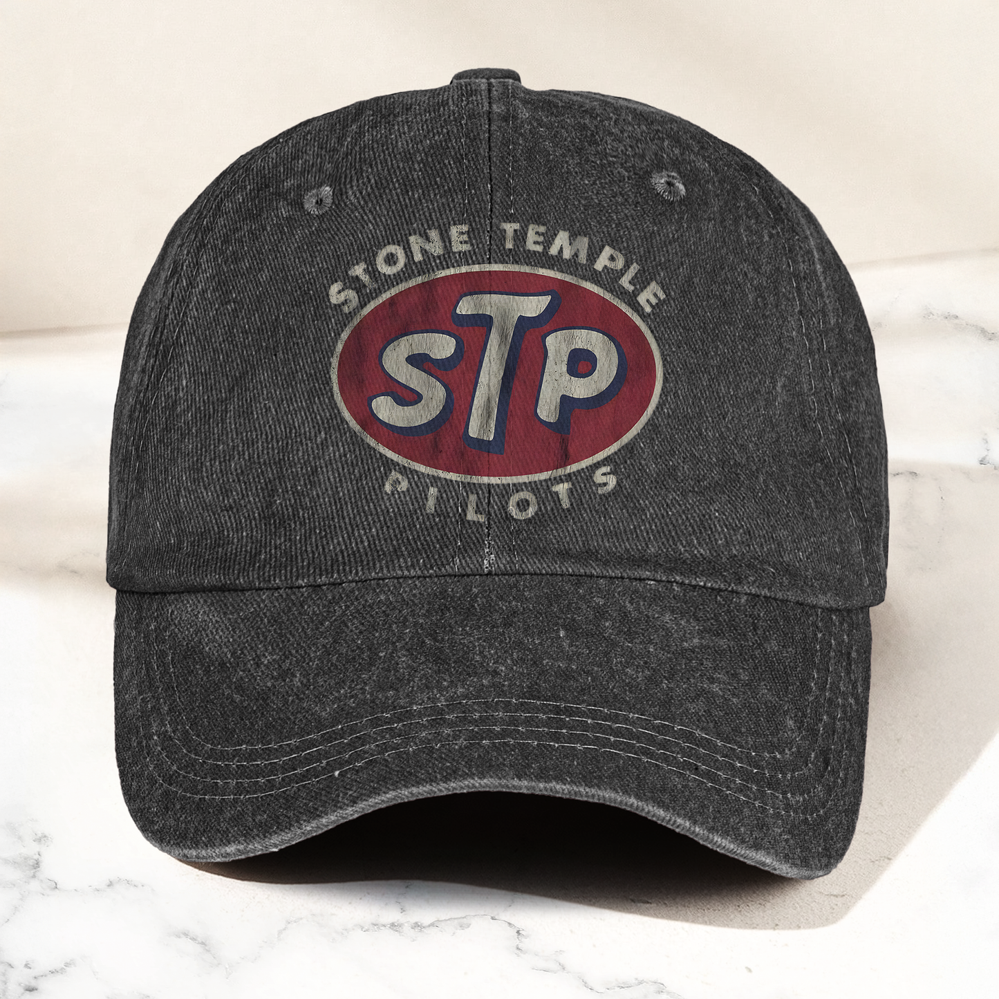 Stone Temple Pilots STP Cap – Vintage Washed Black Denim Dad Hat, Retro 90s Rock Band Logo Hat (With Box)