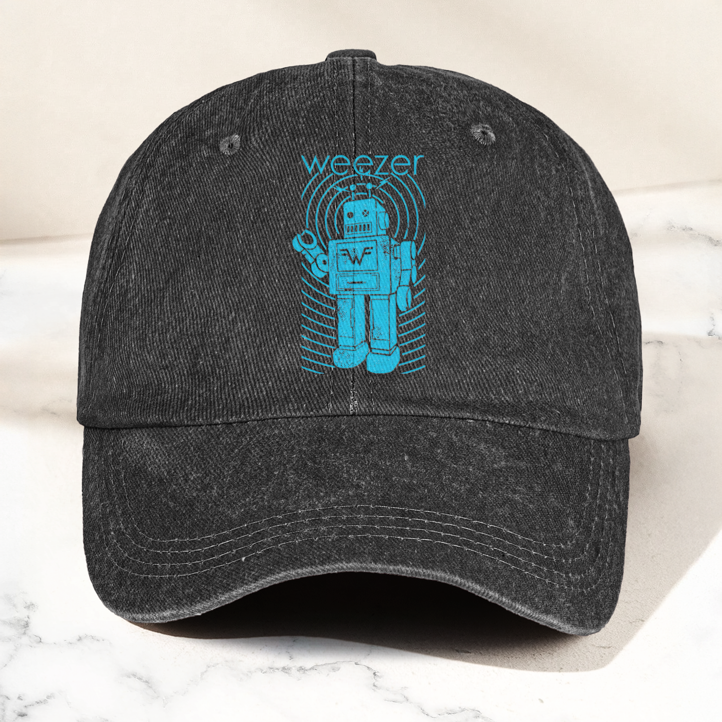 Weezer Robot Logo Cap – Vintage Washed Black Denim Dad Hat, Retro Sci-Fi Band Graphic Hat (With Box)