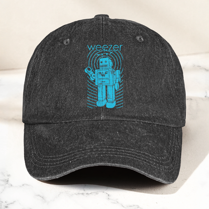 Weezer Robot Logo Cap – Vintage Washed Black Denim Dad Hat, Retro Sci-Fi Band Graphic Hat (With Box)