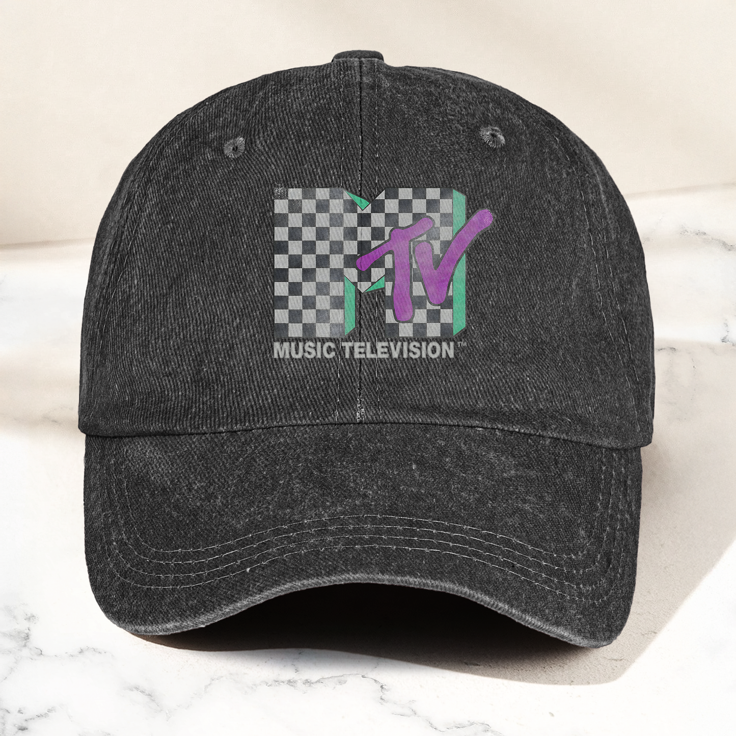 MTV Leopard Logo Black Denim Cap – Vintage Washed Music Television Dad Hat, Retro Streetwear Hat (With Box)
