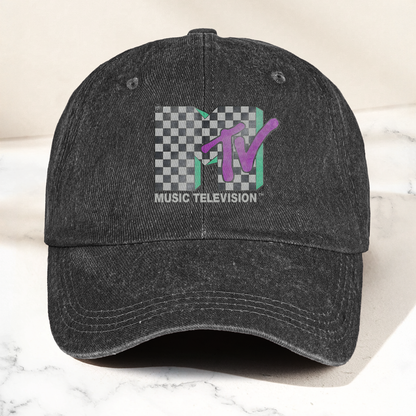 MTV Leopard Logo Black Denim Cap – Vintage Washed Music Television Dad Hat, Retro Streetwear Hat (With Box)