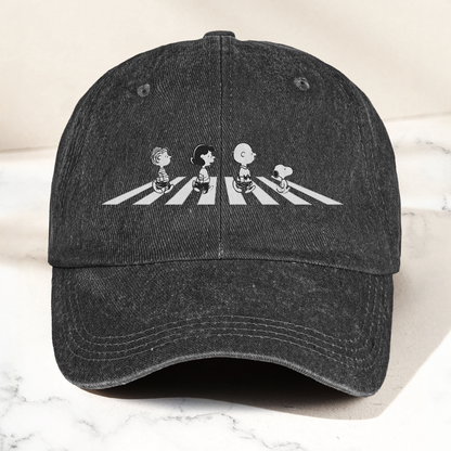 Peanuts Crosswalk Denim Cap – Minimalist Cartoon Abbey Road Style Dad Hat (With Box)