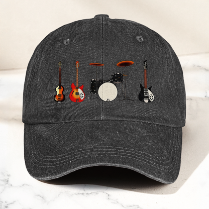 Vintage Rock Instruments Cap – Washed Black Denim Dad Hat, Guitar & Drum Minimalist Music Hat (With Box)