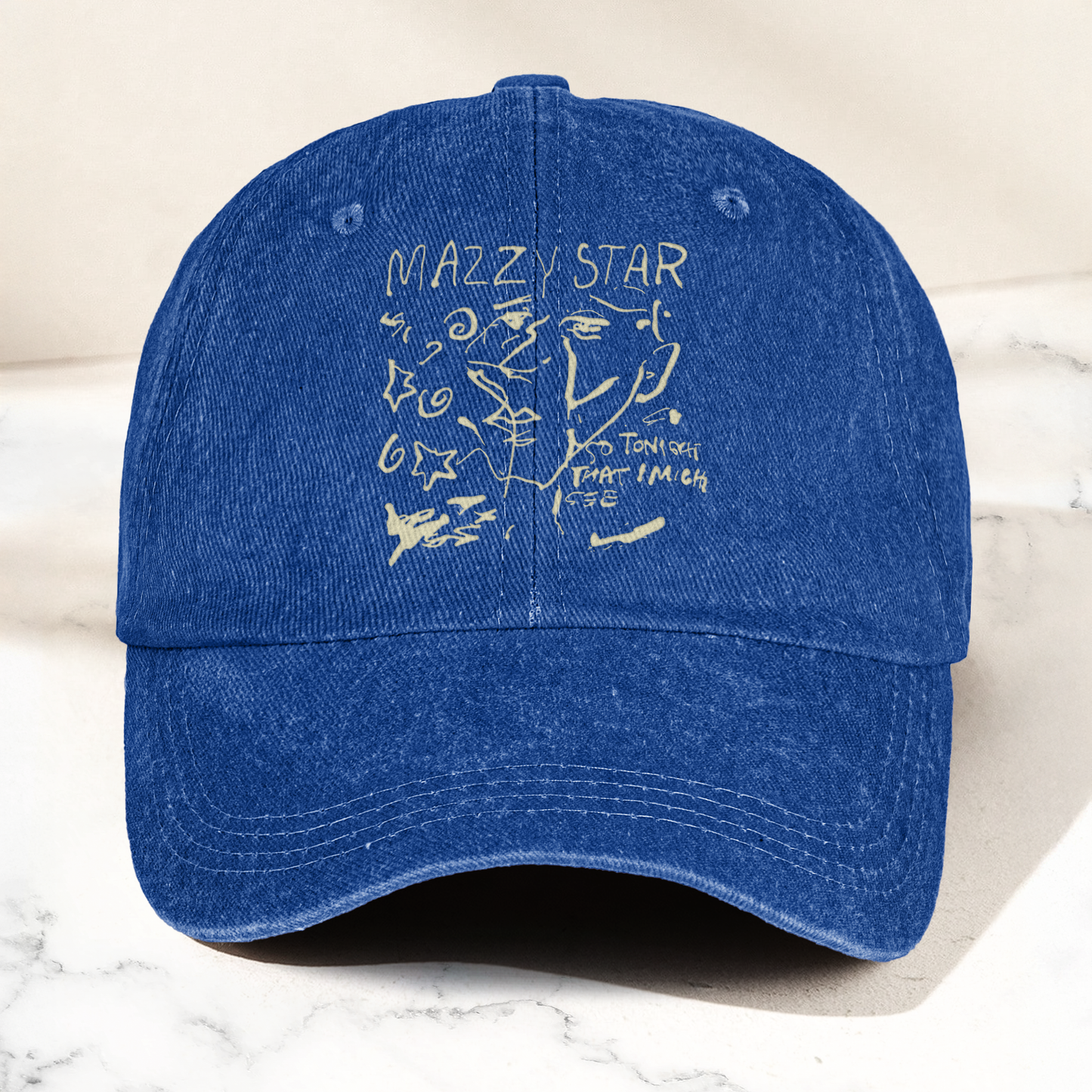 Mazzy Star Vintage Sketch Cap – Washed Black Denim Dad Hat, Dream Pop Band Aesthetic Hat Gift (With Box)