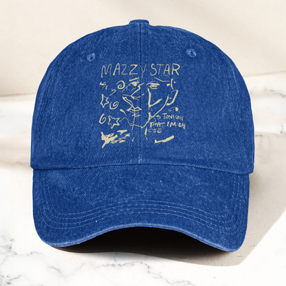 Mazzy Star Vintage Sketch Cap – Washed Black Denim Dad Hat, Dream Pop Band Aesthetic Hat Gift (With Box)