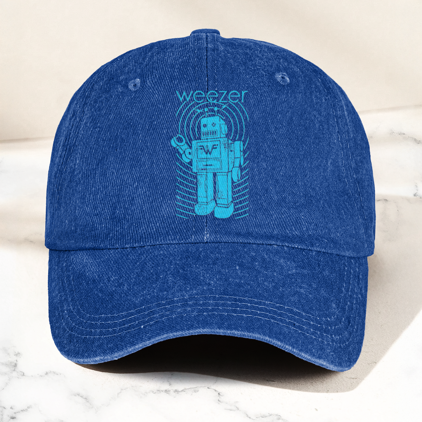 Weezer Robot Logo Cap – Vintage Washed Black Denim Dad Hat, Retro Sci-Fi Band Graphic Hat (With Box)