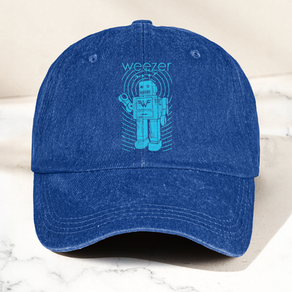 Weezer Robot Logo Cap – Vintage Washed Black Denim Dad Hat, Retro Sci-Fi Band Graphic Hat (With Box)