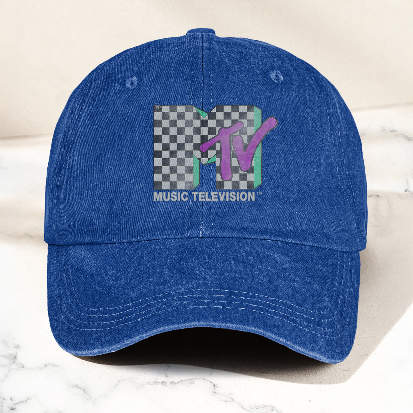 MTV Leopard Logo Black Denim Cap – Vintage Washed Music Television Dad Hat, Retro Streetwear Hat (With Box)