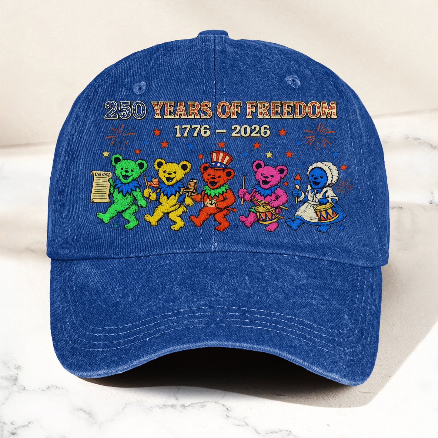 Grateful Dead 250 Years Of Freedom 1776 2026 4th of July Dancing Bears Denim Cap – Retro Vintage Dad Cap Gift For Dad (With Box)