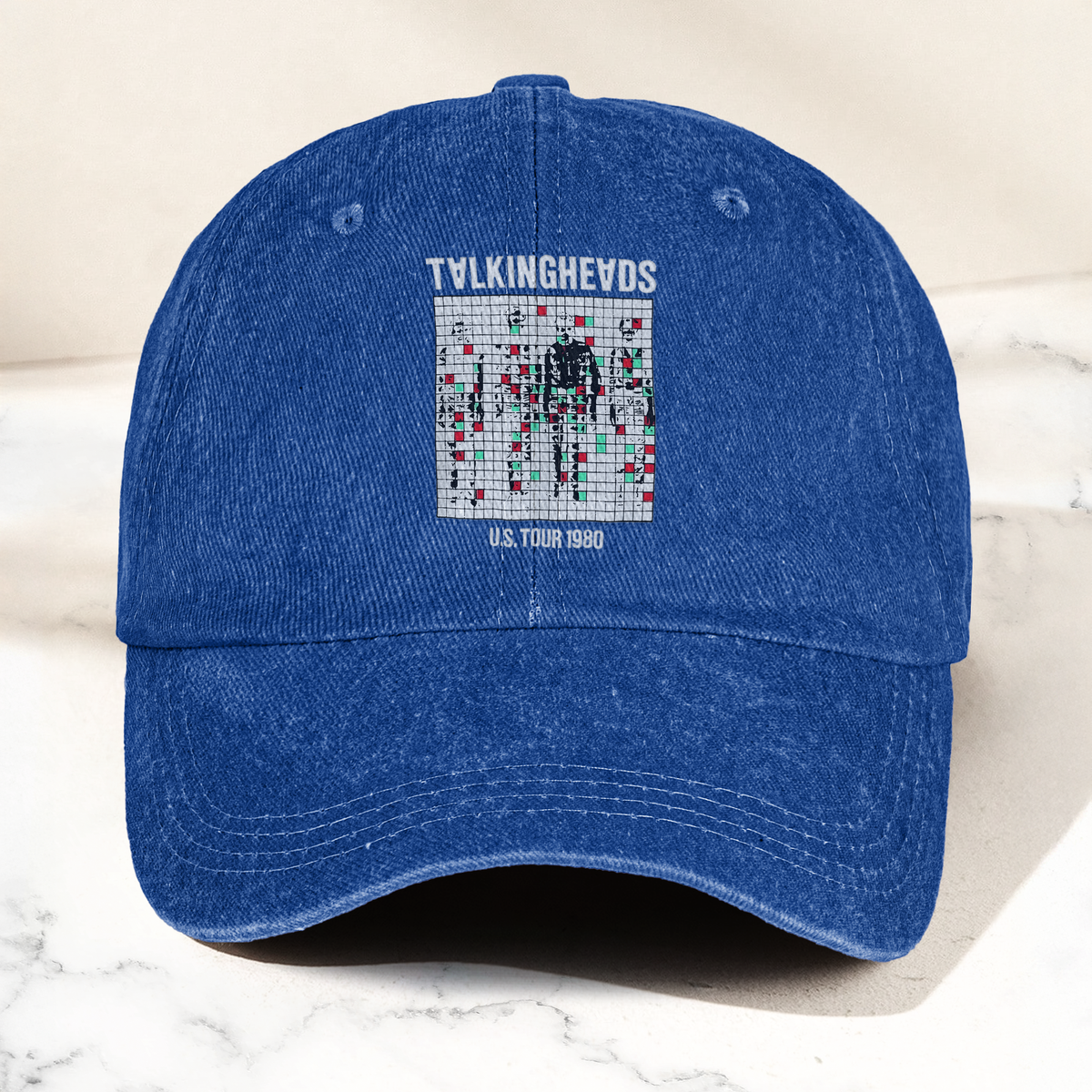 Talking Heads US Tour 1980 Cap – Vintage Washed Black Denim Dad Hat, Glitch Graphic Retro Band Hat (With Box)