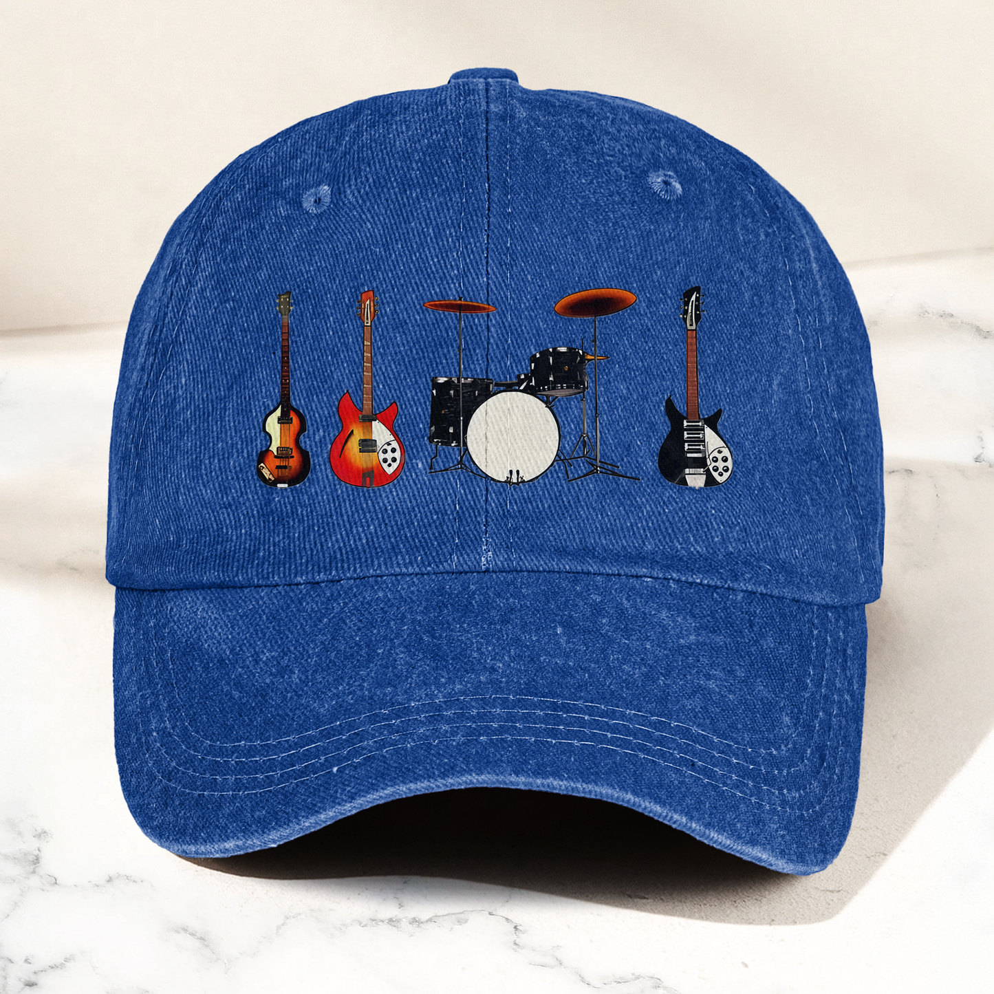 Vintage Rock Instruments Cap – Washed Black Denim Dad Hat, Guitar & Drum Minimalist Music Hat (With Box)