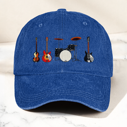 Vintage Rock Instruments Cap – Washed Black Denim Dad Hat, Guitar & Drum Minimalist Music Hat (With Box)