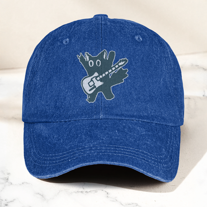 Rockstar Cat Artwork Vintage Denim Cap – Retro The Cure Band Merch Gift for Dad (With Box)