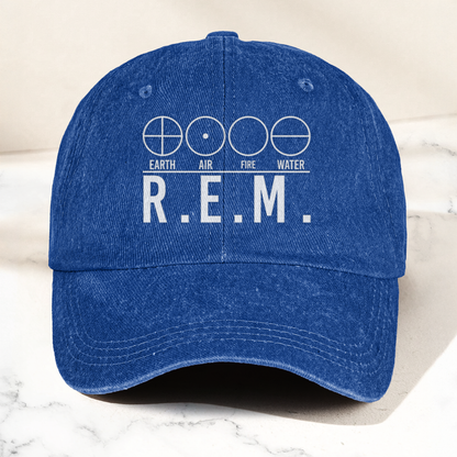 R.E.M Elements Logo Cap – Vintage Washed Black Denim Dad Hat, Earth Air Fire Water Minimalist Band Hat (With Box)