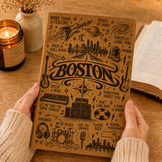 Boston Band Vintage Leather Journal – Classic Rock Music Notebook & Diary for Music Fans