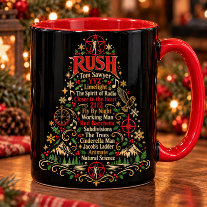 Rush Christmas Tree Mug, 2112 Holiday Coffee Cup, Tom Sawyer Fan Gift, Progressive Rock Christmas Mug, Rush Music Lover Gift