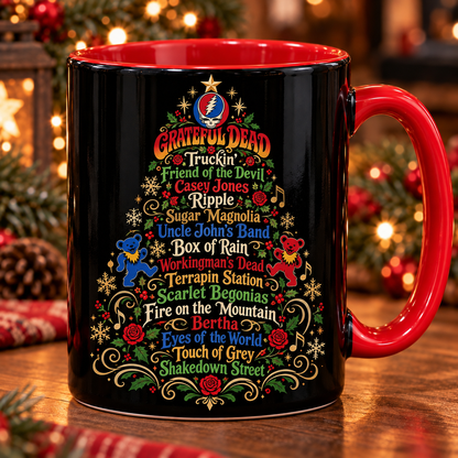 Grateful Dead Christmas Tree Mug, Deadhead Holiday Coffee Cup, Dancing Bears Christmas Gift, Classic Rock Music Mug, Grateful Dead Fan Gift